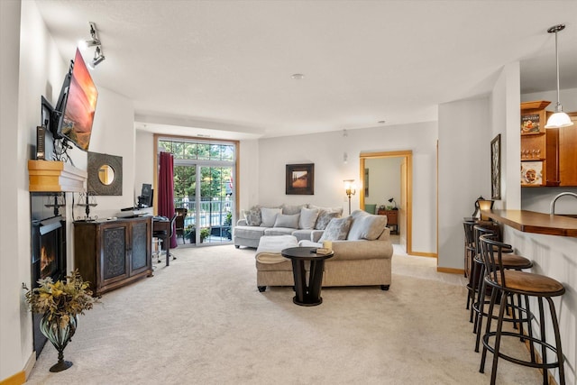 living room with light colored carpet