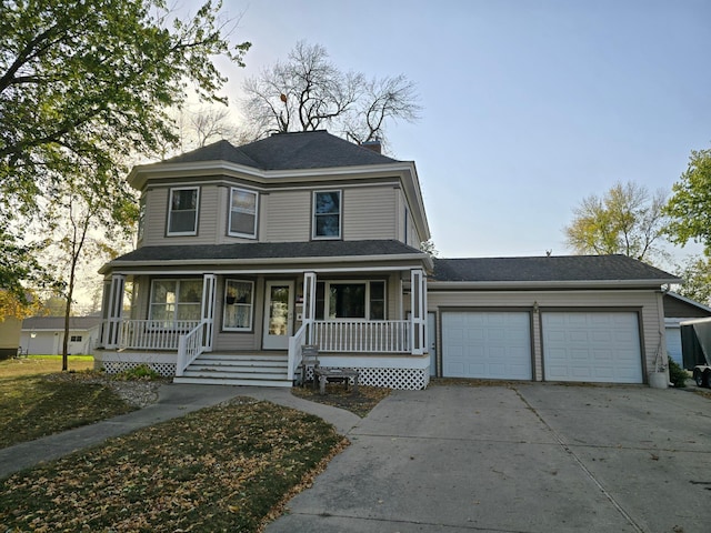 view of front of home featuring concrete driveway, a porch, and a garage