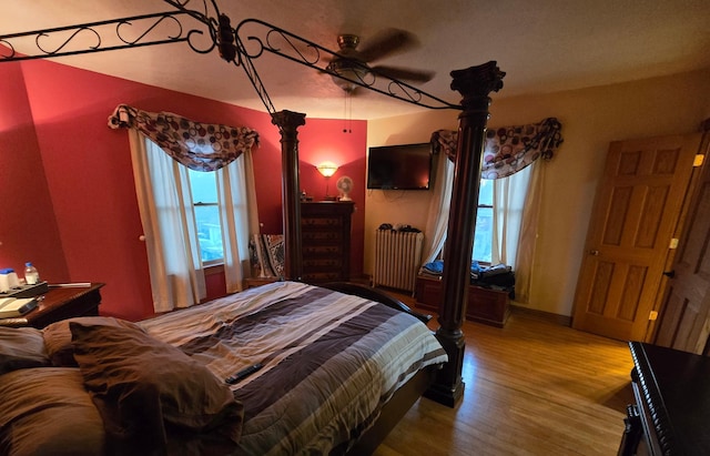 bedroom with radiator heating unit, wood finished floors, and multiple windows