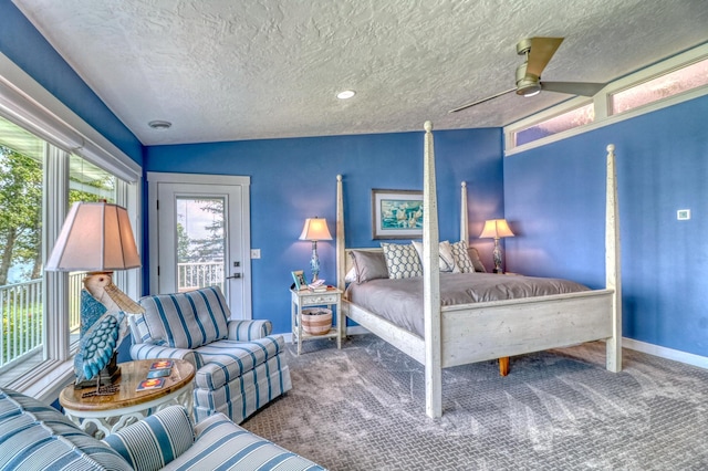 carpeted bedroom with ceiling fan, lofted ceiling, access to outside, and a textured ceiling