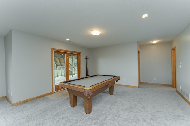 game room featuring billiards and light carpet