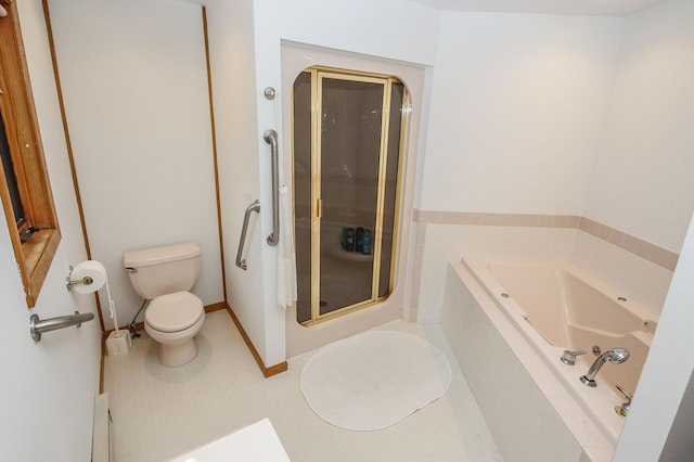 bathroom featuring toilet and shower with separate bathtub