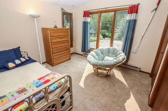 bedroom featuring light carpet, vaulted ceiling, and baseboard heating