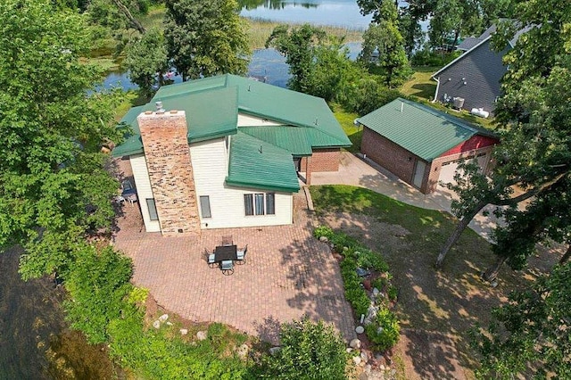 drone / aerial view with a water view