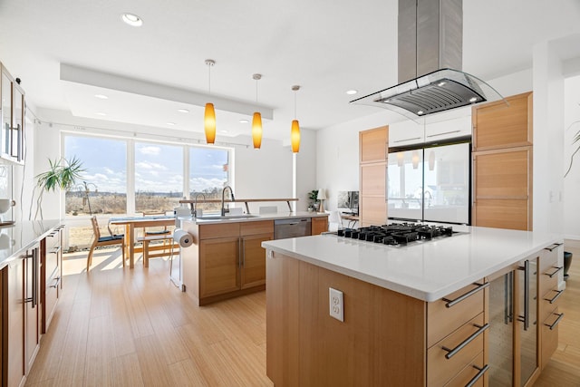 kitchen featuring a spacious island, island exhaust hood, appliances with stainless steel finishes, and light wood finished floors