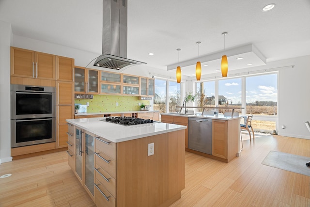 kitchen featuring a center island, island exhaust hood, stainless steel appliances, light wood-style flooring, and glass insert cabinets