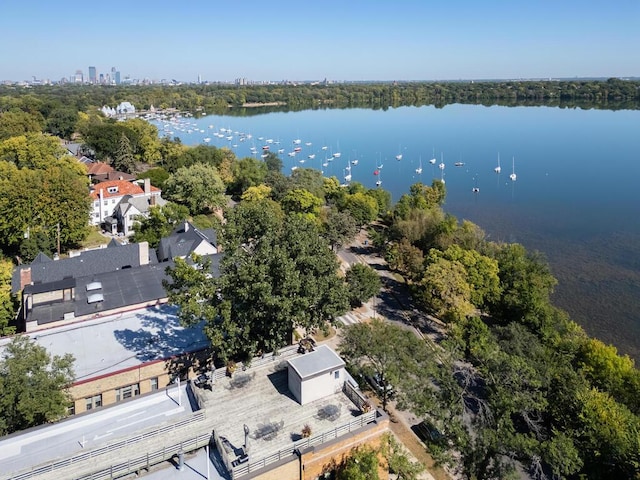 aerial view featuring a water view