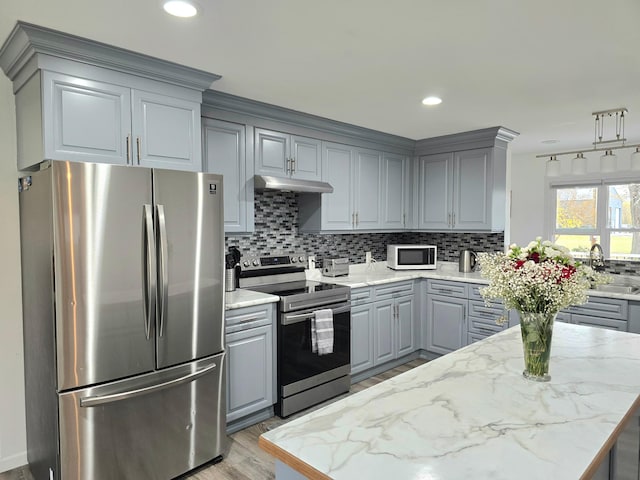 3414 County Road 32 S, South Koochiching Unorg Terr, MN 56654 - kitchen featuring under cabinet range hood, gray cabinetry, appliances with stainless steel finishes, and backsplash