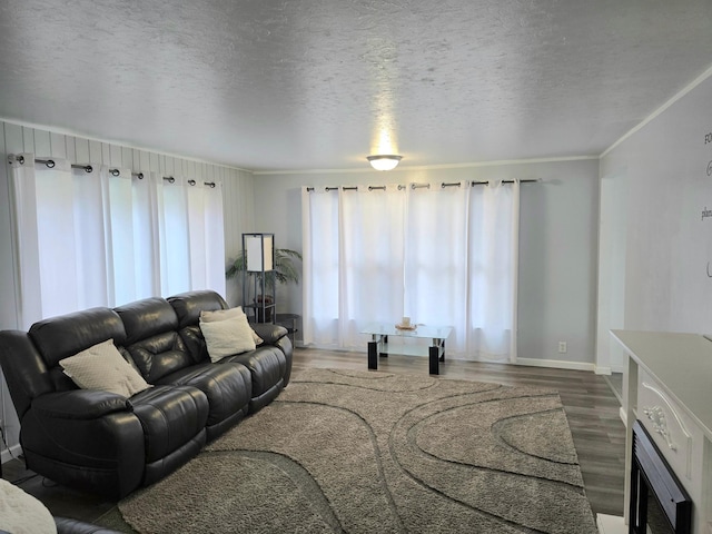 3414 County Road 32 S, South Koochiching Unorg Terr, MN 56654 - living room with a textured ceiling, wood finished floors, baseboards, and ornamental molding