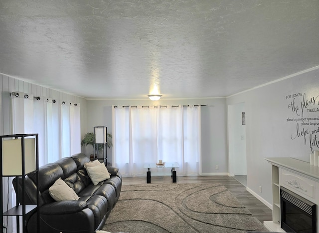 living room with crown molding, hardwood / wood-style flooring, and a textured ceiling