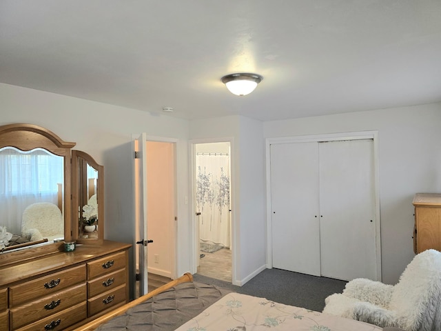 3414 County Road 32 S, South Koochiching Unorg Terr, MN 56654 - bedroom with a closet, ensuite bath, baseboards, and dark carpet