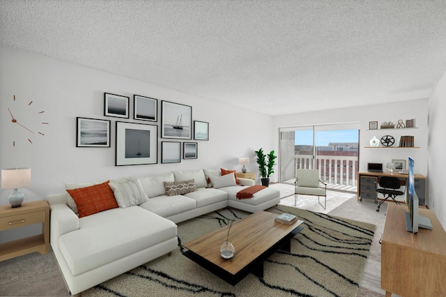 living room with carpet and a textured ceiling