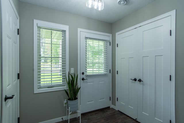 entryway featuring dark wood-type flooring and a textured ceiling