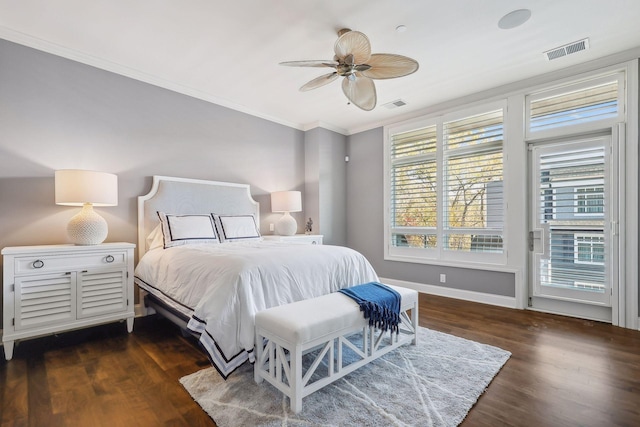 bedroom featuring crown molding, ceiling fan, dark hardwood / wood-style floors, and access to outside