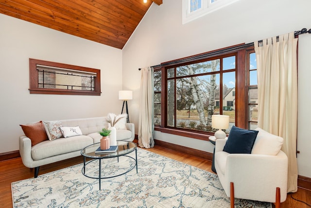 living room featuring wooden ceiling, hardwood / wood-style floors, and lofted ceiling