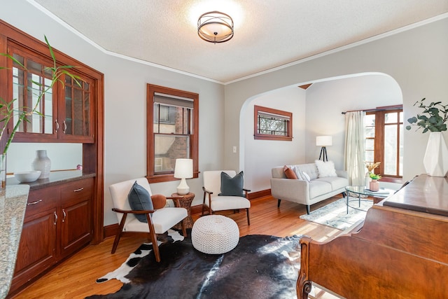 living room with a textured ceiling, crown molding, and light hardwood / wood-style floors