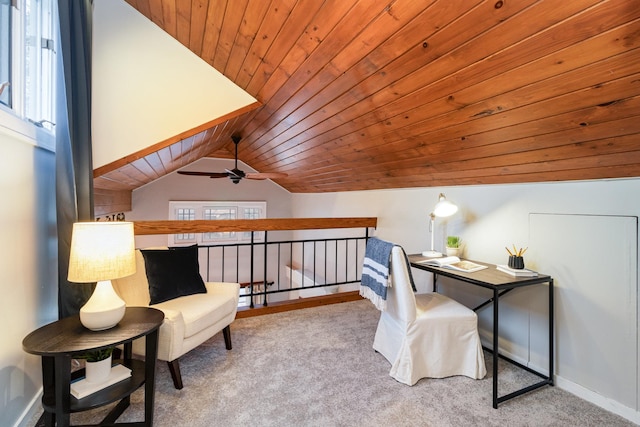 sitting room with ceiling fan, wooden ceiling, light carpet, and lofted ceiling