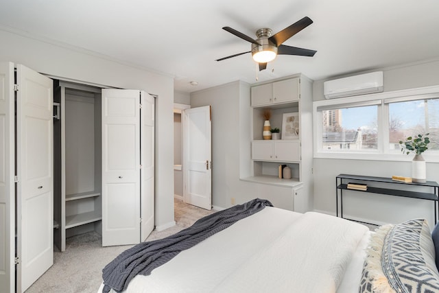 bedroom featuring ceiling fan, light colored carpet, a wall mounted AC, and ornamental molding