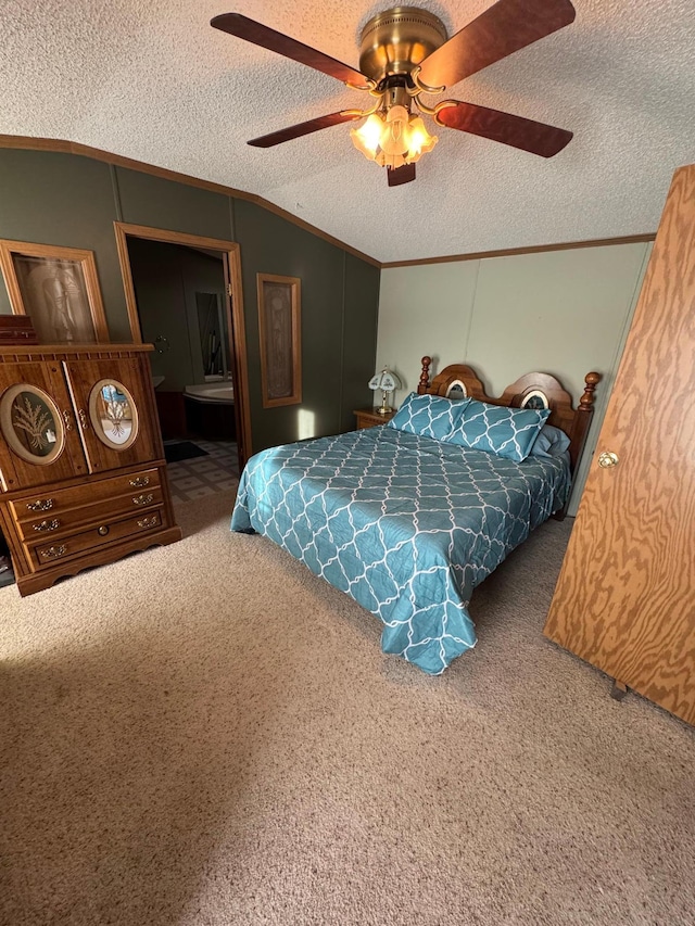 bedroom featuring ceiling fan, a textured ceiling, carpet floors, and vaulted ceiling