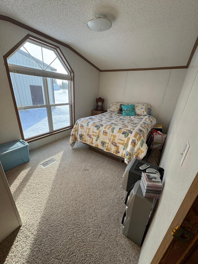 bedroom featuring carpet flooring and a textured ceiling