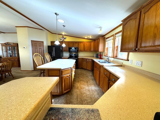 kitchen with lofted ceiling, ornamental molding, a sink, black appliances, and light countertops