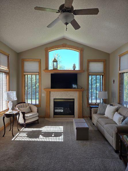 living room featuring ceiling fan, a textured ceiling, vaulted ceiling, and carpet