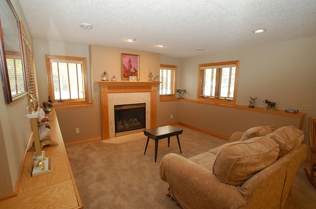 carpeted living room featuring a textured ceiling