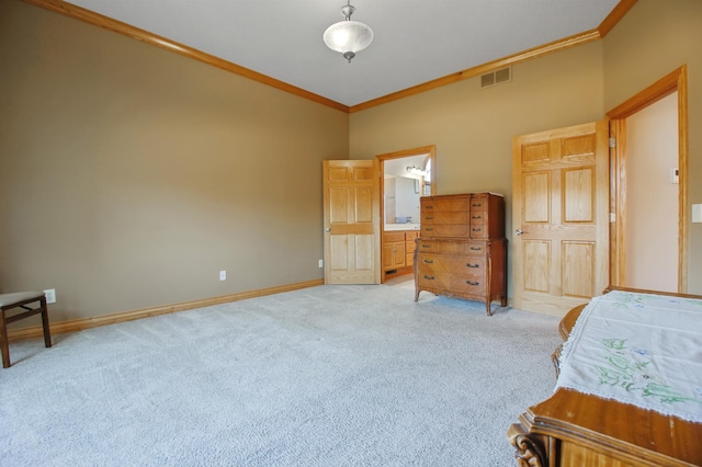 bedroom with ornamental molding and light carpet