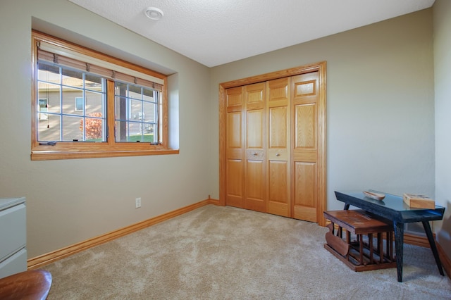 carpeted bedroom featuring a textured ceiling and a closet