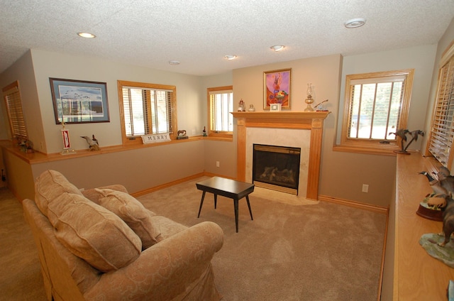 carpeted living room with a textured ceiling