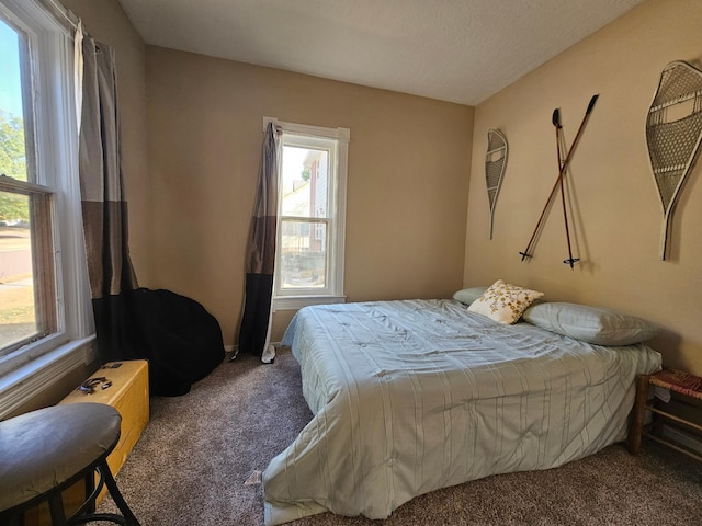 bedroom featuring dark carpet