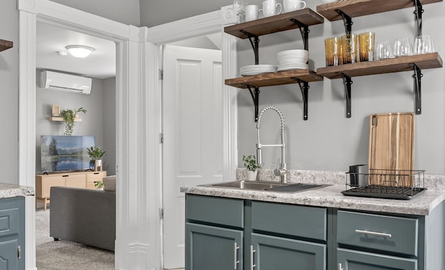 bar featuring sink, a wall unit AC, and light colored carpet