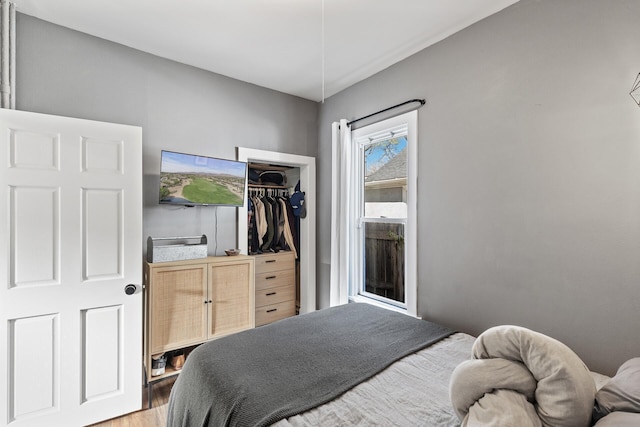 bedroom with wood-type flooring and a closet