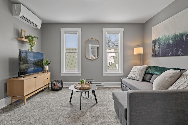 carpeted living room with an AC wall unit and a baseboard radiator