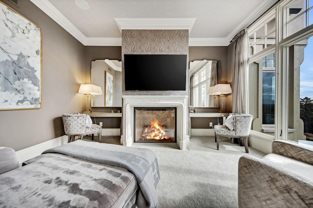 10675 Cavallo Rdg, Eden Prairie, MN 55347 - bedroom featuring crown molding, a large fireplace, and carpet floors