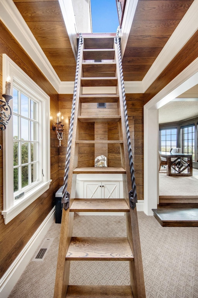 10675 Cavallo Rdg, Eden Prairie, MN 55347 - staircase with carpet floors, wooden walls, wood ceiling, and ornamental molding