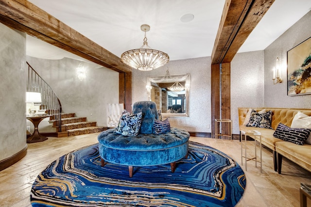 10675 Cavallo Rdg, Eden Prairie, MN 55347 - living area featuring stairway, beam ceiling, a chandelier, a textured wall, and wood finished floors