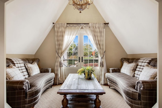 10675 Cavallo Rdg, Eden Prairie, MN 55347 - living area with lofted ceiling, carpet floors, and french doors