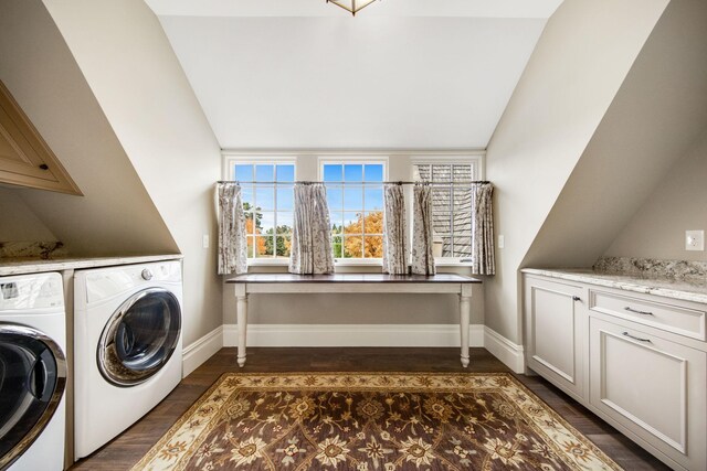 10675 Cavallo Rdg, Eden Prairie, MN 55347 - laundry area with washing machine and dryer, cabinet space, and dark wood-style floors