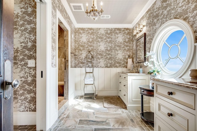 10675 Cavallo Rdg, Eden Prairie, MN 55347 - bathroom featuring wallpapered walls, vanity, a chandelier, ornamental molding, and wainscoting