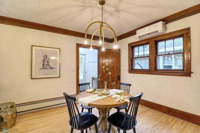 dining room featuring light hardwood / wood-style flooring, a wall unit AC, ornamental molding, and baseboard heating