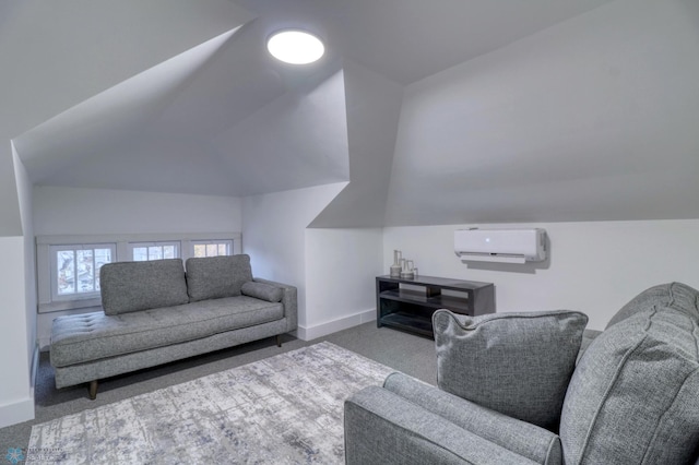 carpeted living room with a wall mounted AC and lofted ceiling