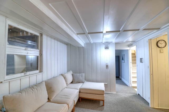 living room featuring wood walls and carpet flooring