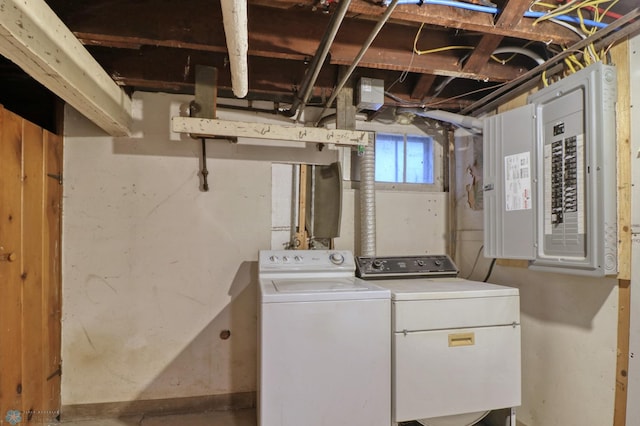 clothes washing area with independent washer and dryer and electric panel