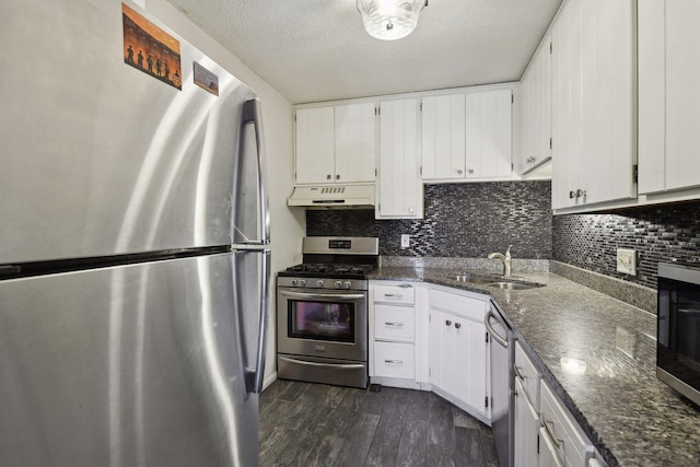 kitchen with sink, white cabinets, dark hardwood / wood-style floors, and appliances with stainless steel finishes