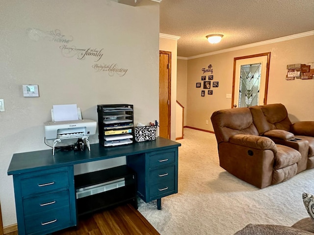 office space with crown molding and a textured ceiling