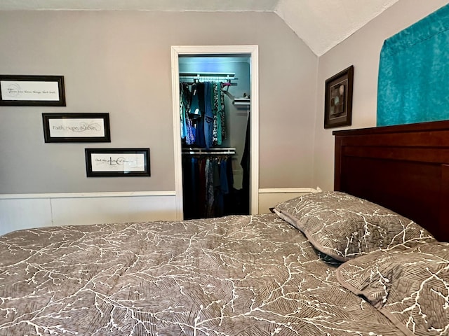 bedroom featuring lofted ceiling, a spacious closet, and a closet