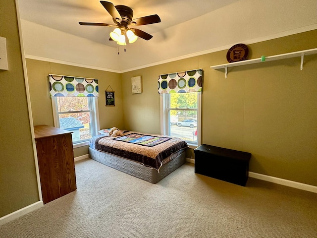 bedroom with ceiling fan and carpet floors