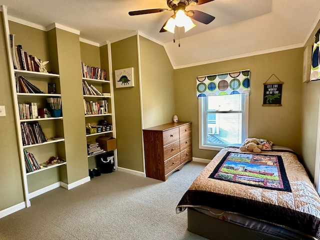 carpeted bedroom with ceiling fan, lofted ceiling, and ornamental molding