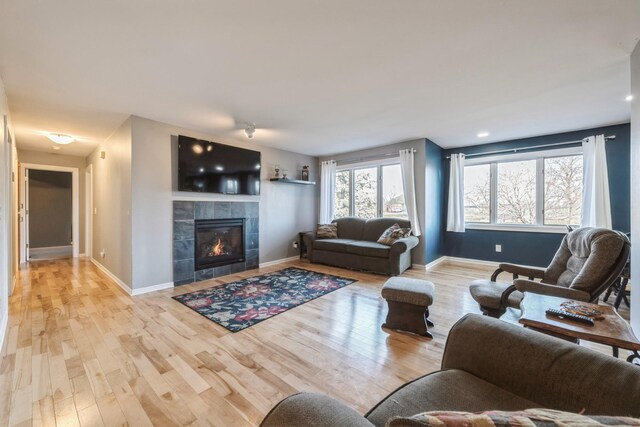 living room with baseboards and wood finished floors